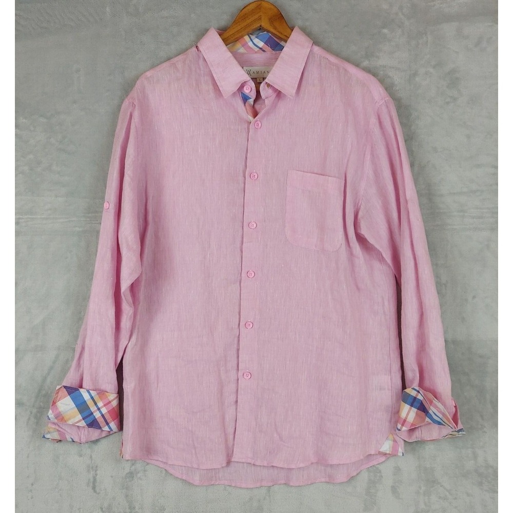 Amiani Men's Linen Button-Up Shirt Flip Cuff Pink Size Large‎ Roll Up Sleeve